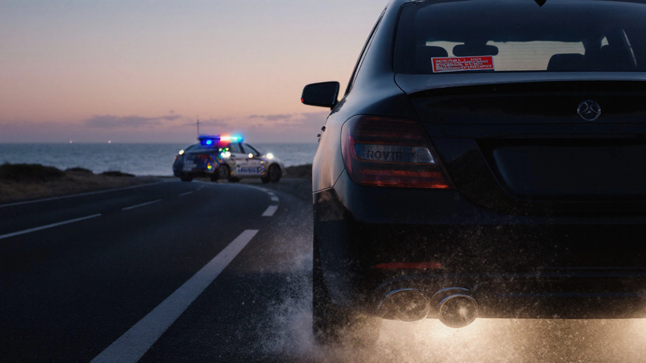 Car driving at dusk on a coastal road with glowing exhaust and faint emission sticker.