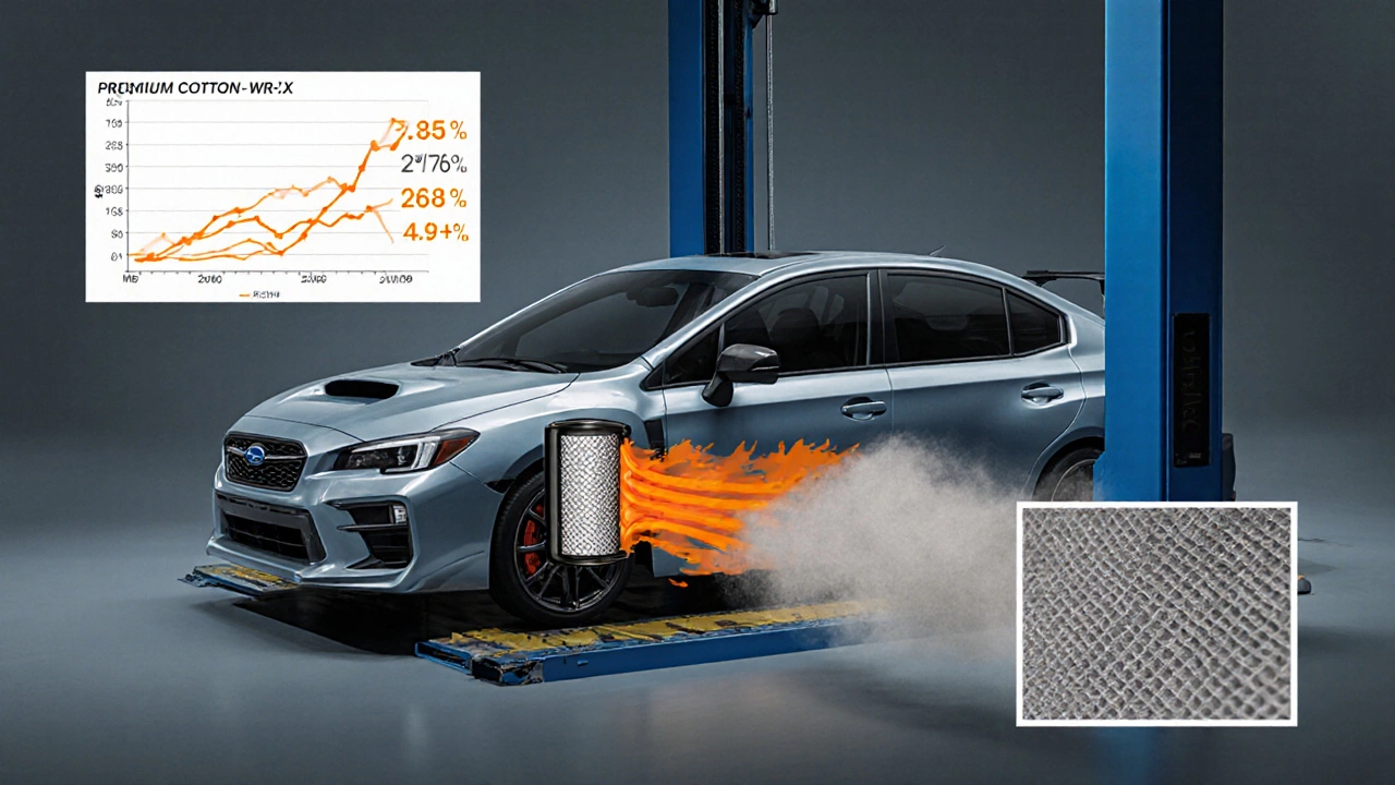 Car on a dyno with a premium filter showing higher horsepower and dust‑free airflow.