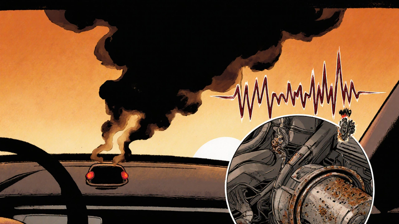 Car on highway with dark exhaust, dashboard oil warning light, and visual engine knocking.