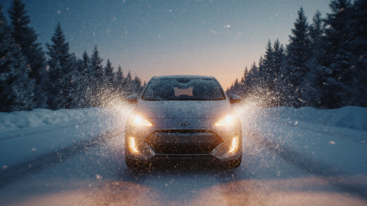 Car windshield spray clears icy glass while driving through snowy night.