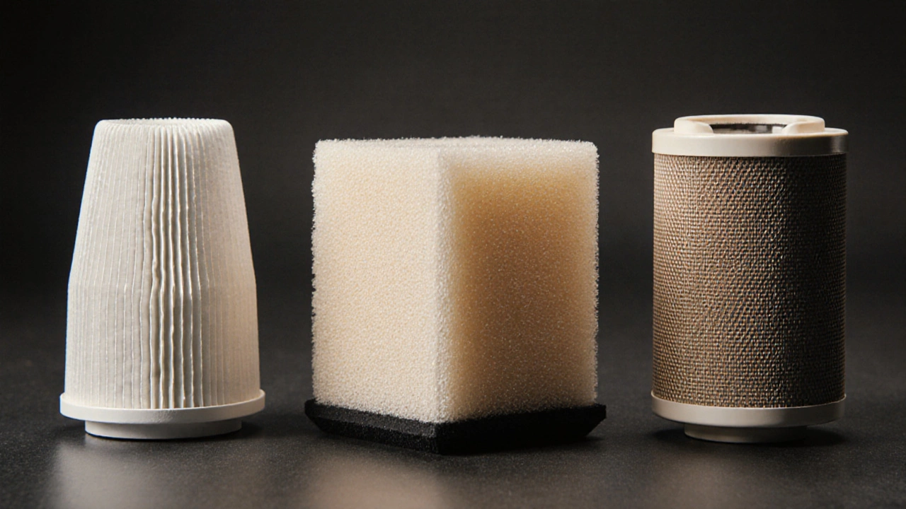 Close-up of paper, synthetic foam, and cotton gauze filters side by side.