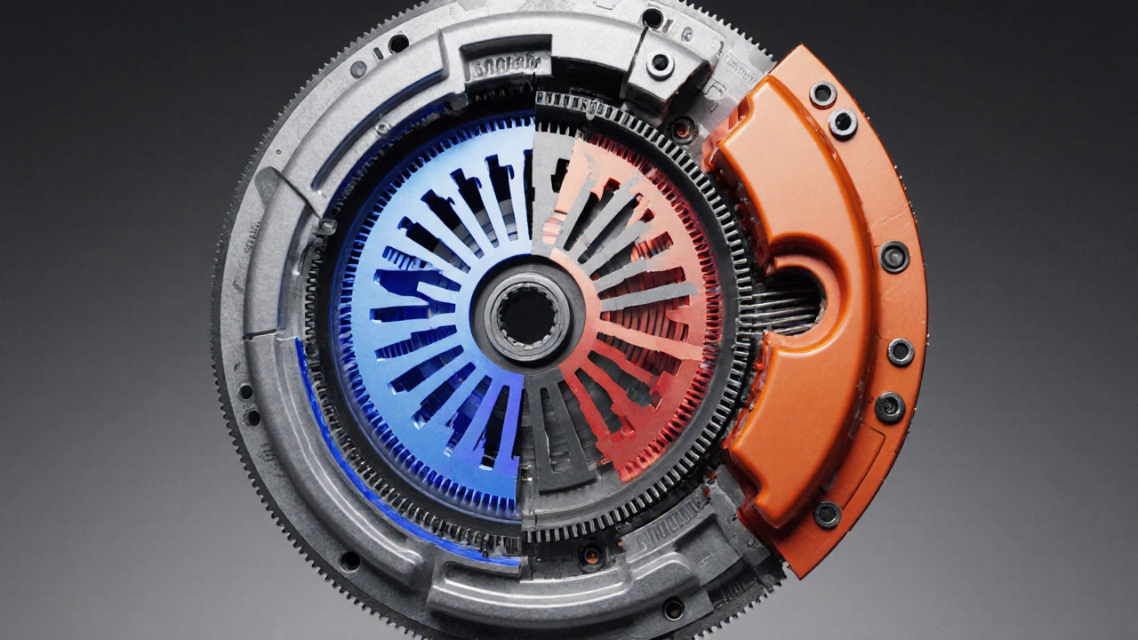 Cutaway of a clutch showing flywheel with visual cues for squeal, grind, and rattle.