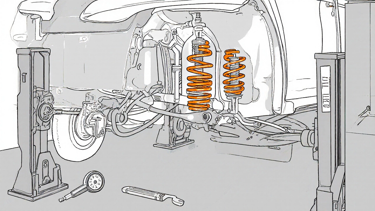 Cutaway view of a car’s suspension components with tools on jack stands.