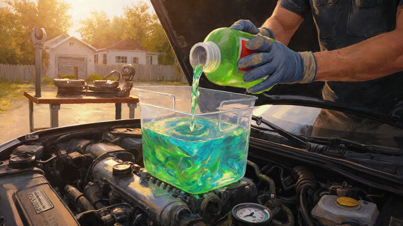DIY person applying sealant to radiator, coolant draining into a container.