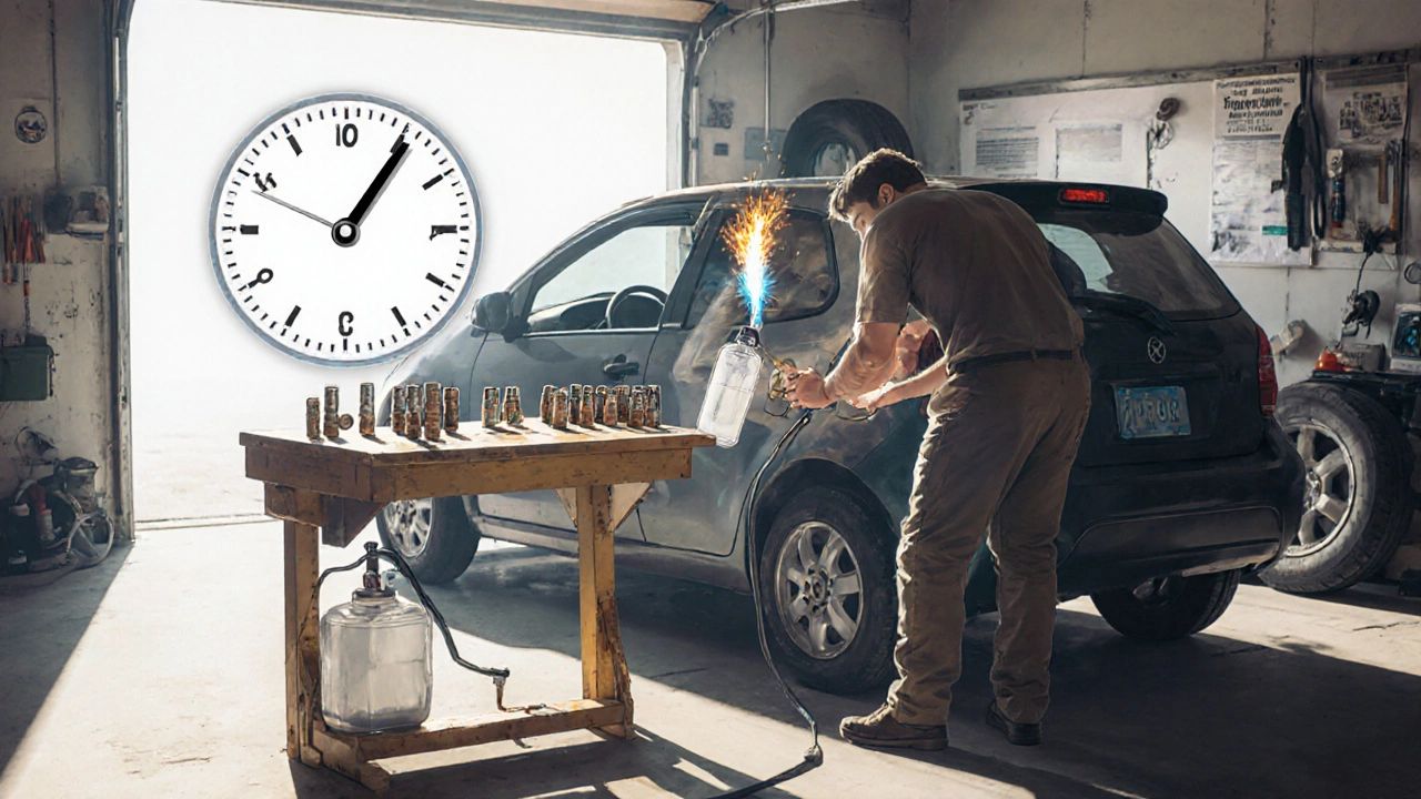 DIYer works on a hatchback fuel pump swap with tools, clock overlay, and OEM vs aftermarket parts shown.
