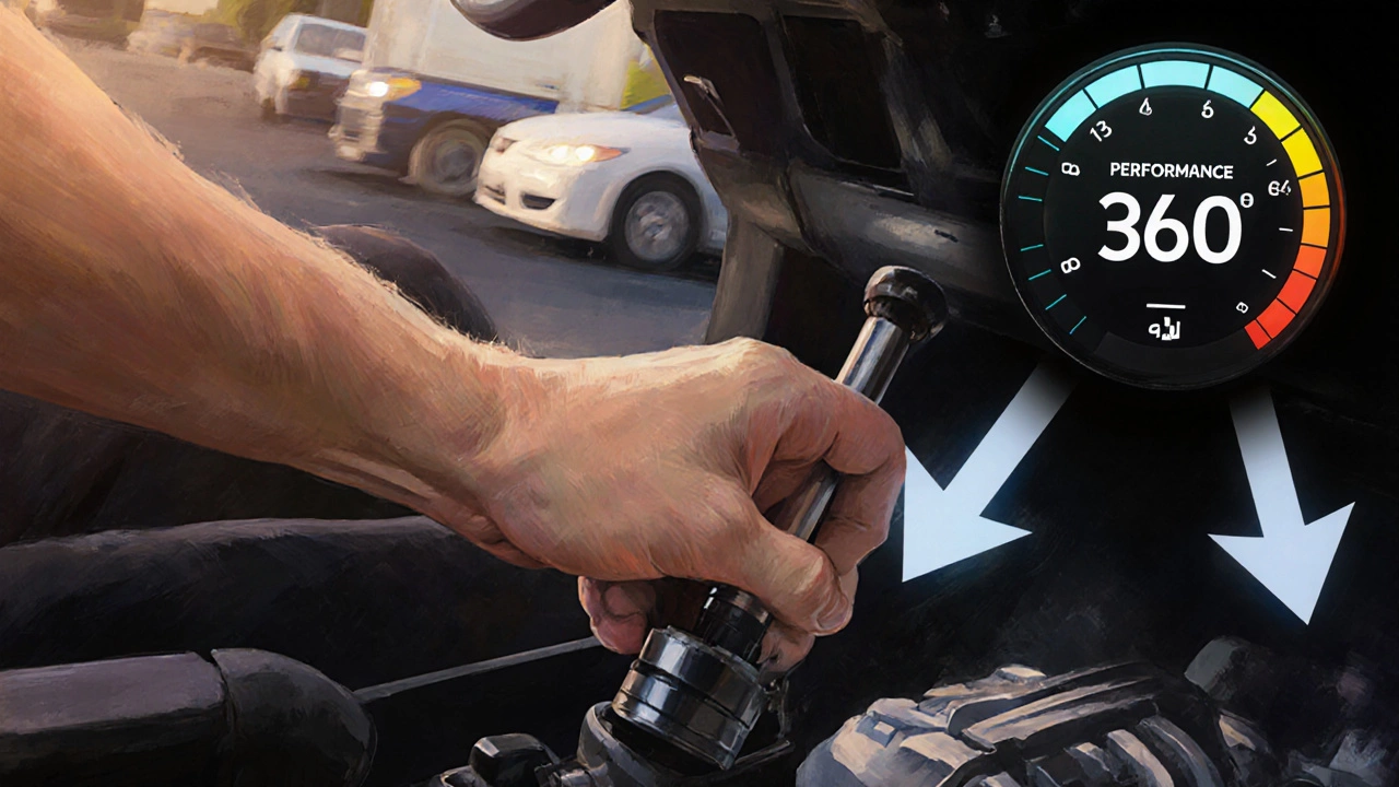 Driver's foot pressing a clutch pedal with torque flowing to wheels, city traffic in background.
