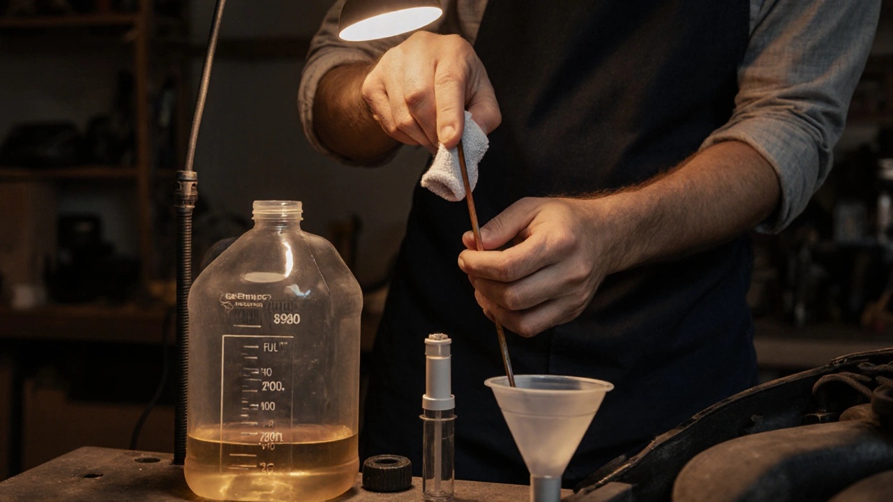Driver checking dipstick and using a siphon pump to remove excess oil.