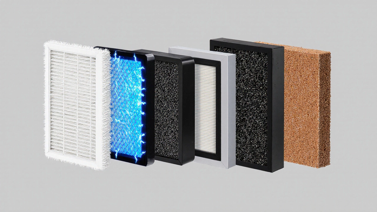 Five different air filter types displayed side by side in cross‑section.