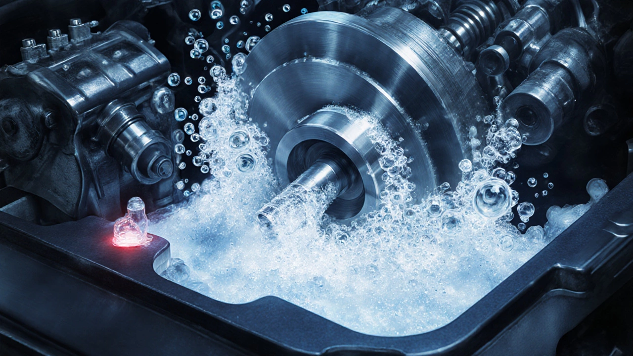 Foamy oil swirling around a spinning crankshaft with stressed gasket.