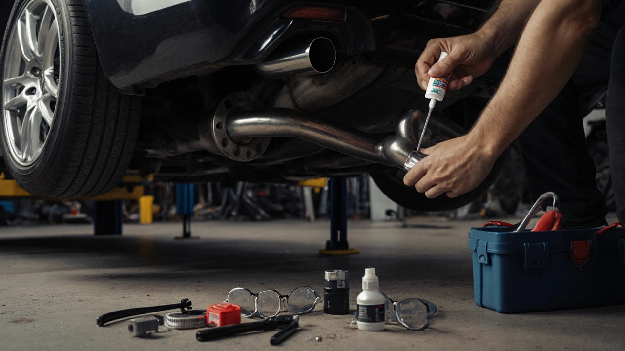 Garage scene of a lifted car with a person installing a catback exhaust, using tools and sealant.