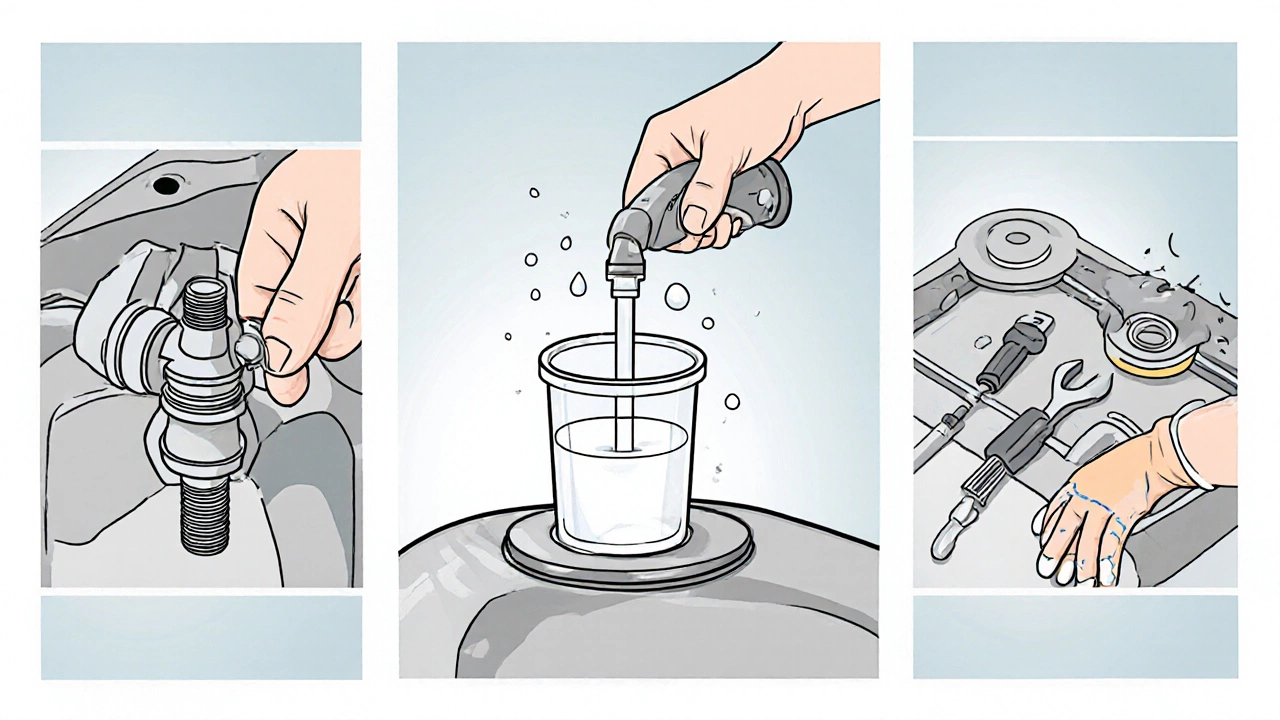 Illustrated steps showing a siphon pump, pressure bleed screw, and tools for draining a fuel tank.