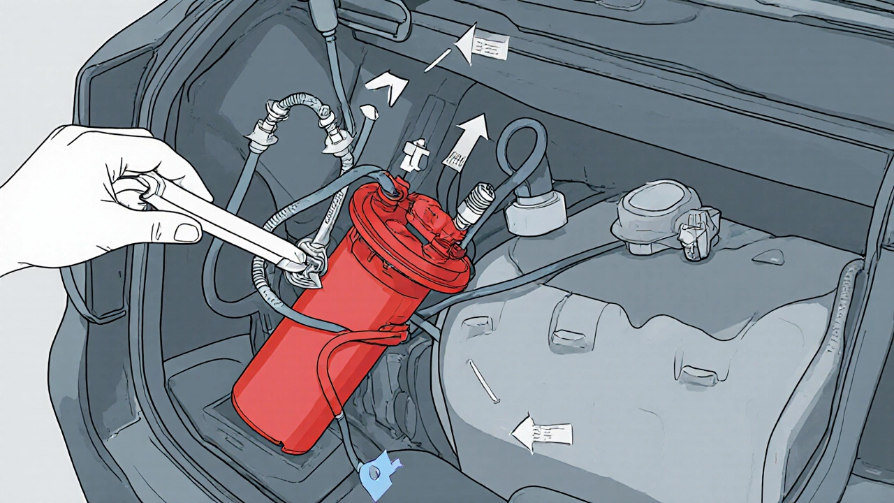 Illustration of fuel pump removal showing seat removed, lines disconnected, pump lifted.