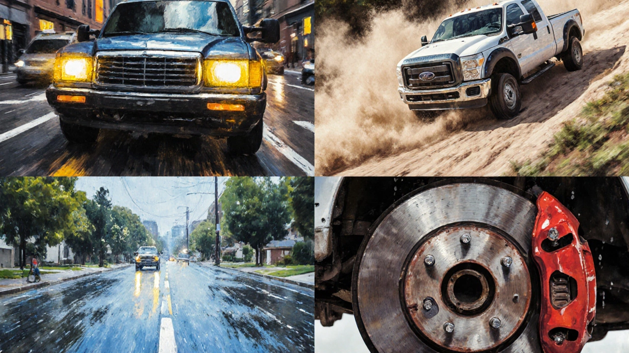 Illustration showing city traffic, a heavy truck, dusty road, and rain affecting brake pad wear.