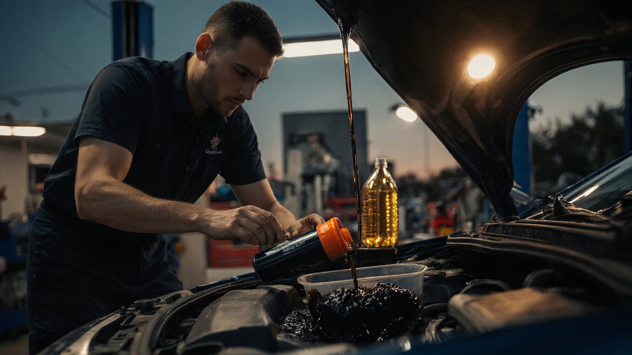 Mechanic drains black oil and installs new filter with fresh amber oil in a garage.