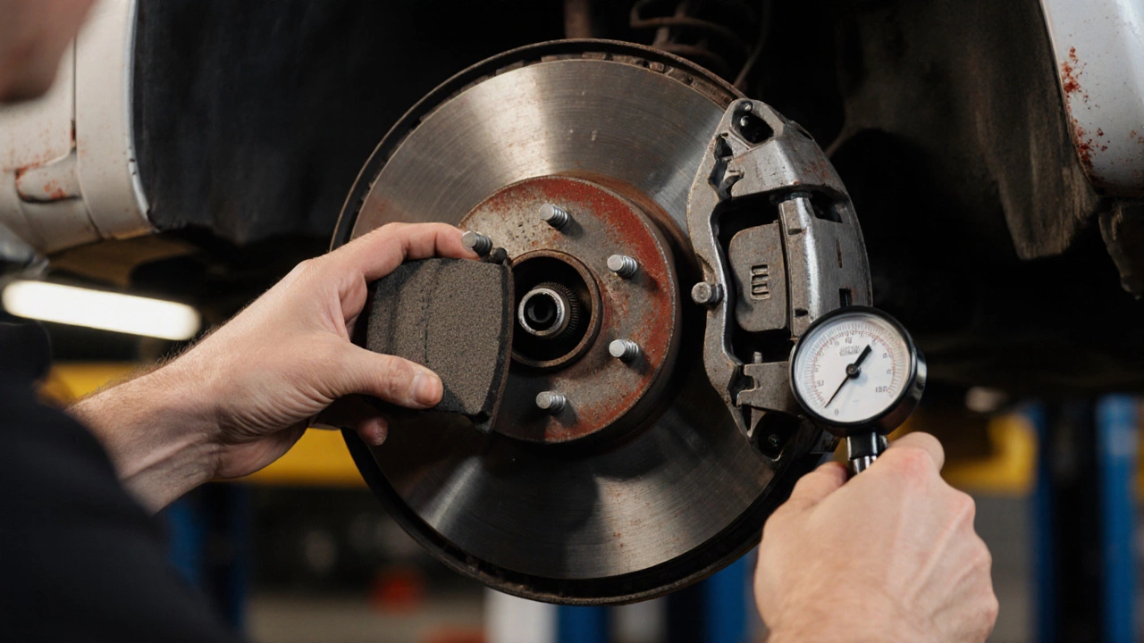 Mechanic inspecting brake rotor with caliper gauge beside new brake pads in a garage.