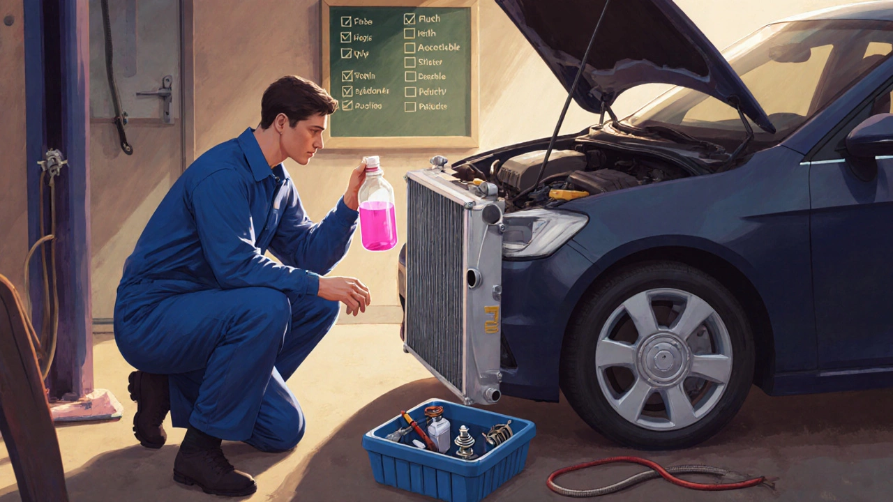 Mechanic inspecting coolant colour beside a clean radiator in a garage.