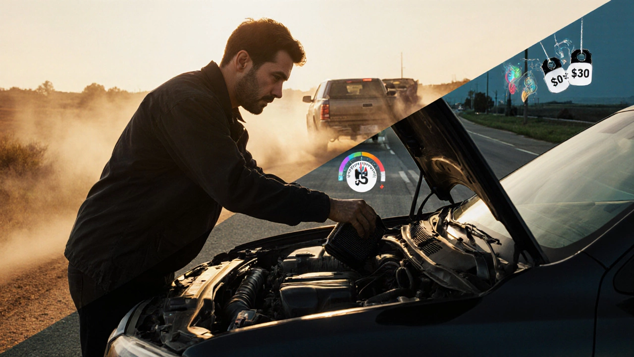 Mechanic installing a premium filter under a hood with split view of dusty road and city highway.