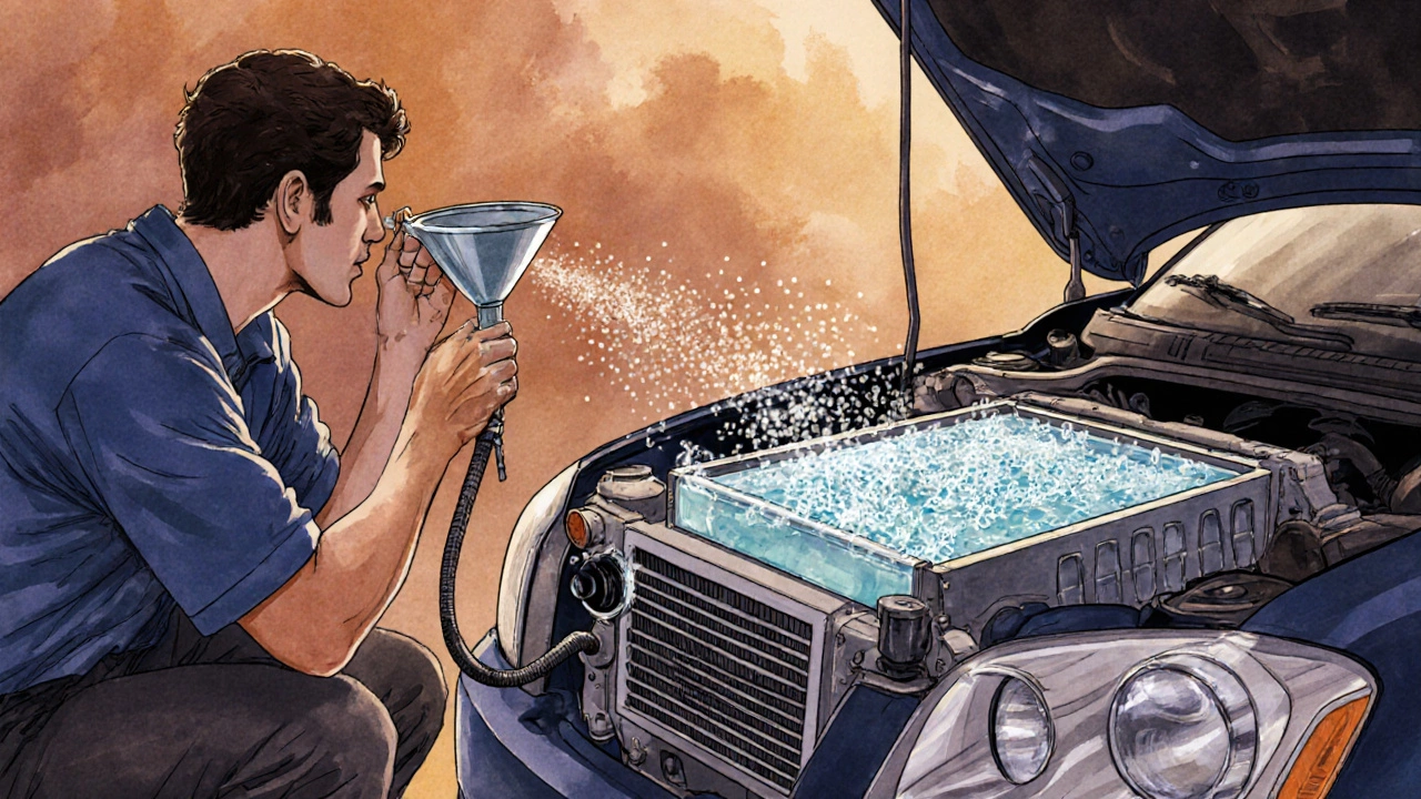 Mechanic listening to radiator with funnel; cutaway shows coolant bubbles and spray.