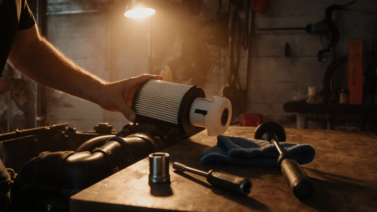 Over‑the‑shoulder view of new filter being installed in garage with tools nearby.