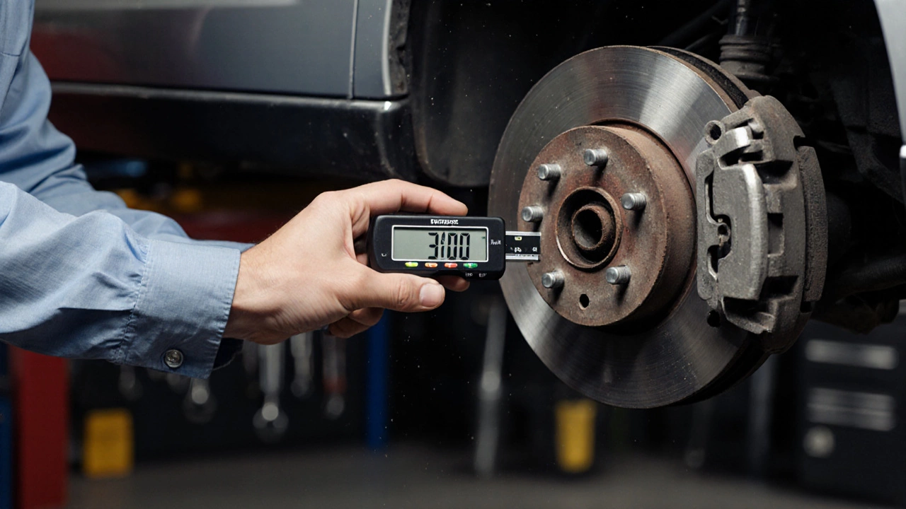 Person measuring brake pad thickness with a caliper after removing a wheel.