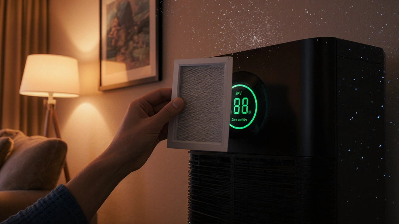Person replacing a filter in a home purifier with clean air swirling.