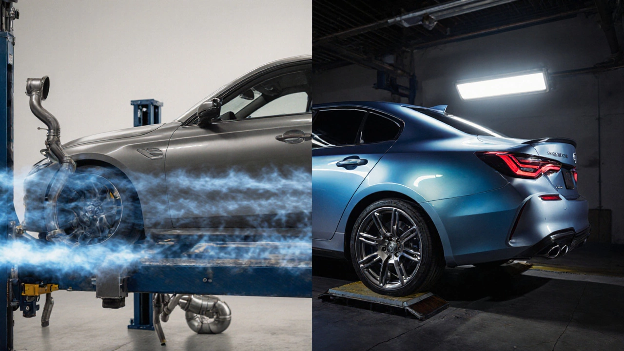 Split illustration of a V6 sedan with stock exhaust vs. catback kit, highlighting faster exhaust flow.