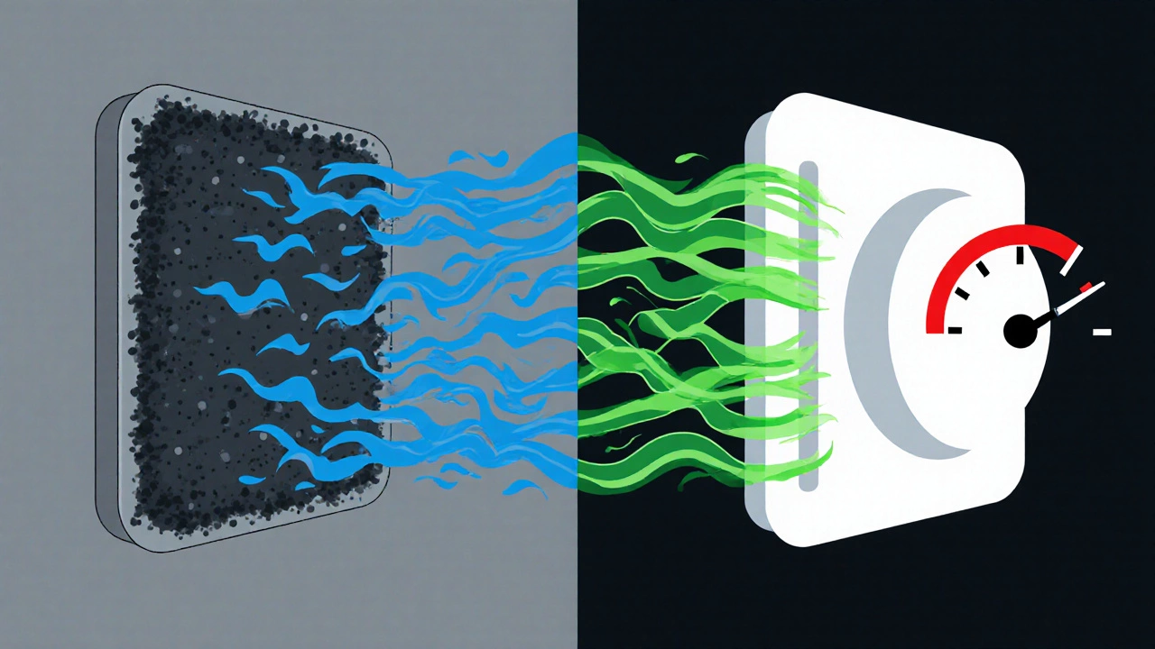Split illustration showing airflow and gauge differences between clogged and clean filters.