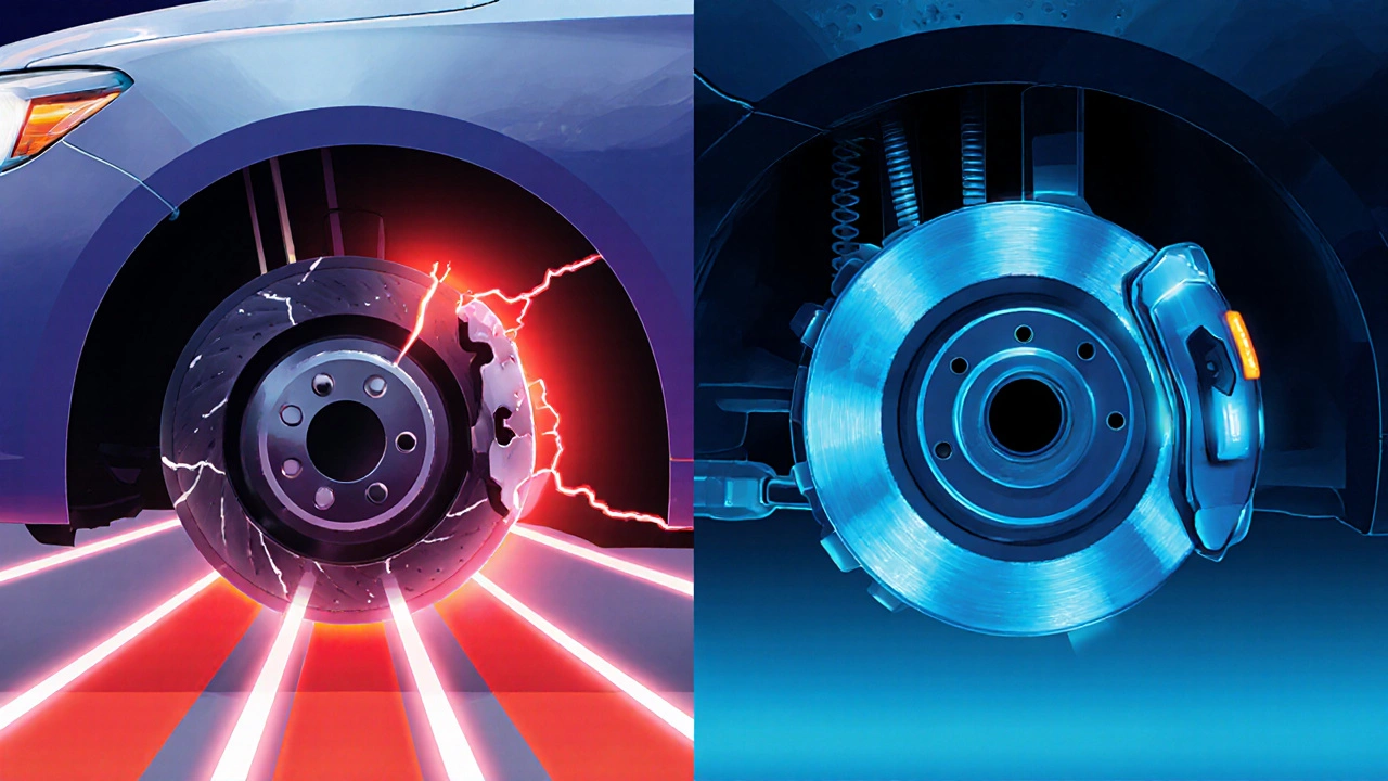 Split image contrasting unsafe brake replacement with complete brake service for safety.