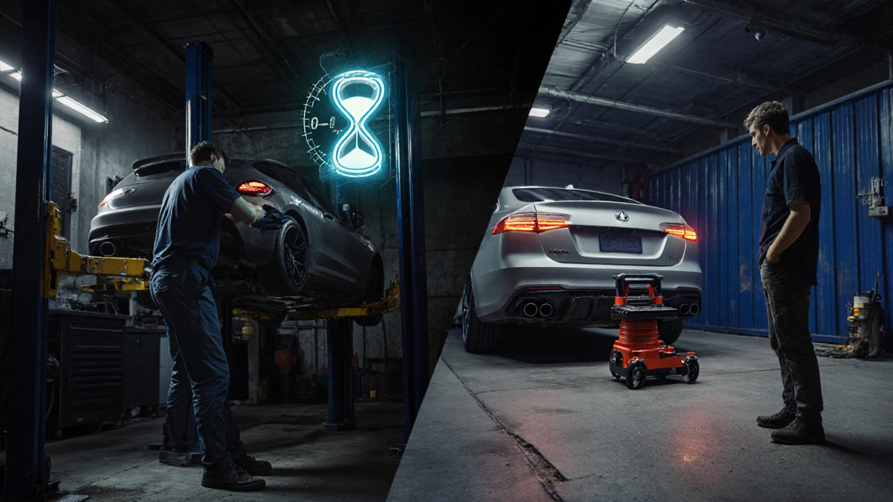 Split scene comparing professional shop lift work and DIY driveway repair.