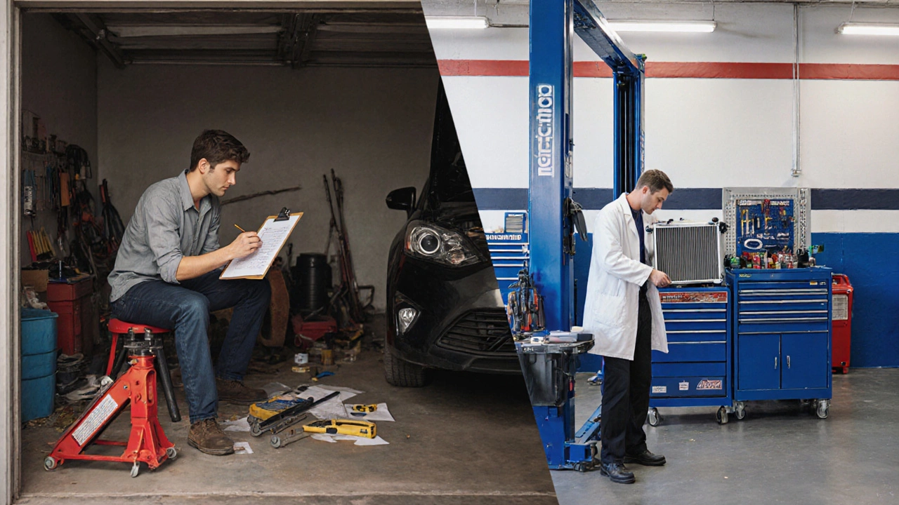 Split-screen painting contrasting a home garage DIY radiator swap with a professional shop lift setup.