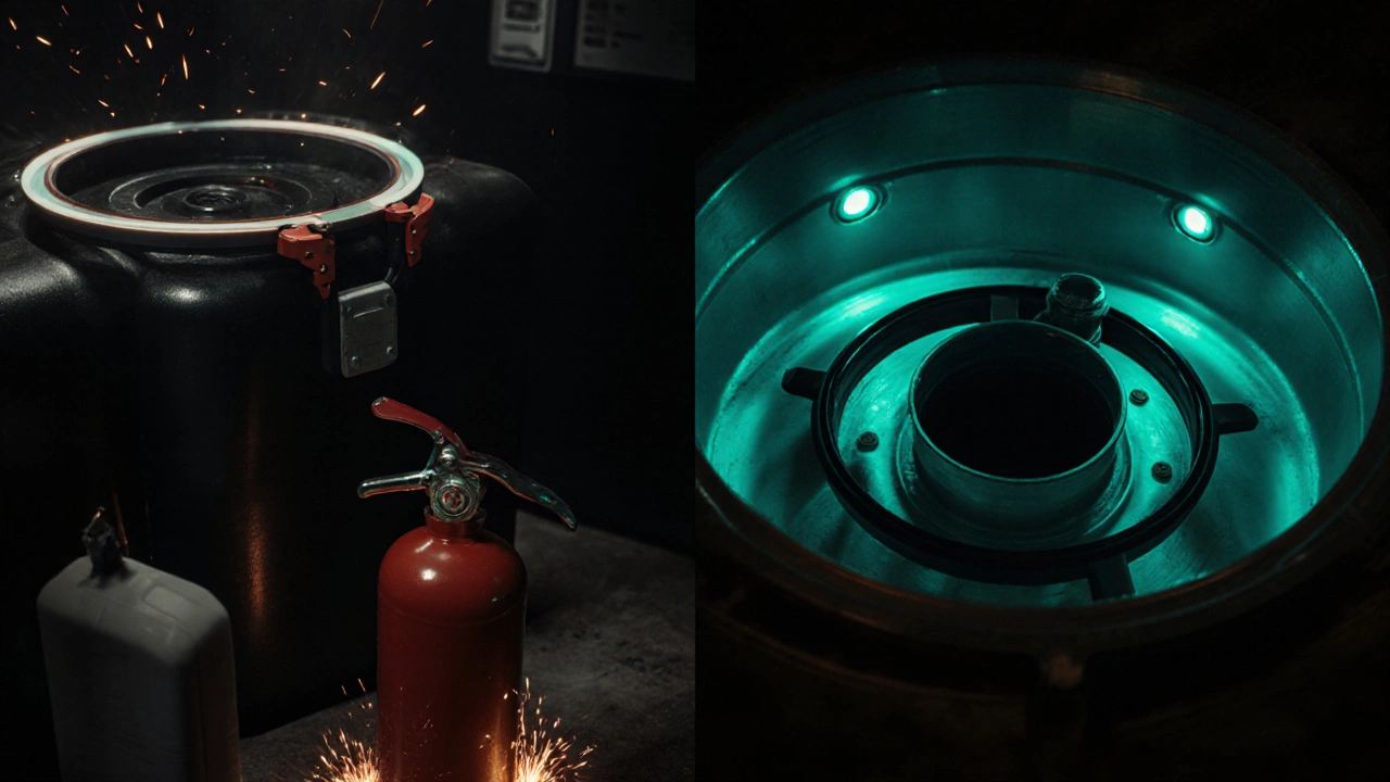 Split view of a pump removal kit working on a full tank versus an empty tank, with safety gear.