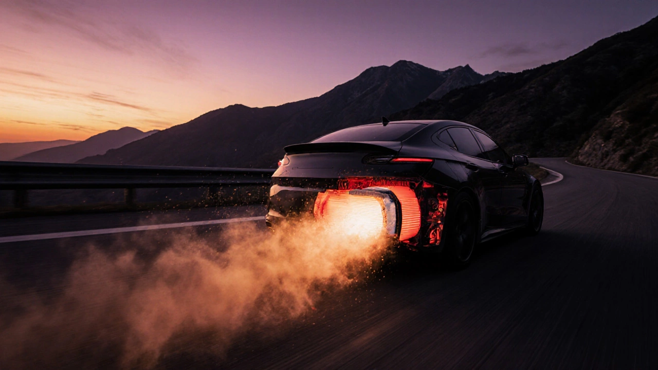 Sport car racing on a mountain road with a glowing high‑flow filter.