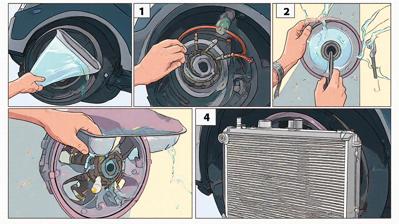 Storyboard illustration showing coolant draining, hoses removed, fan taken off, old radiator out, new radiator installed.