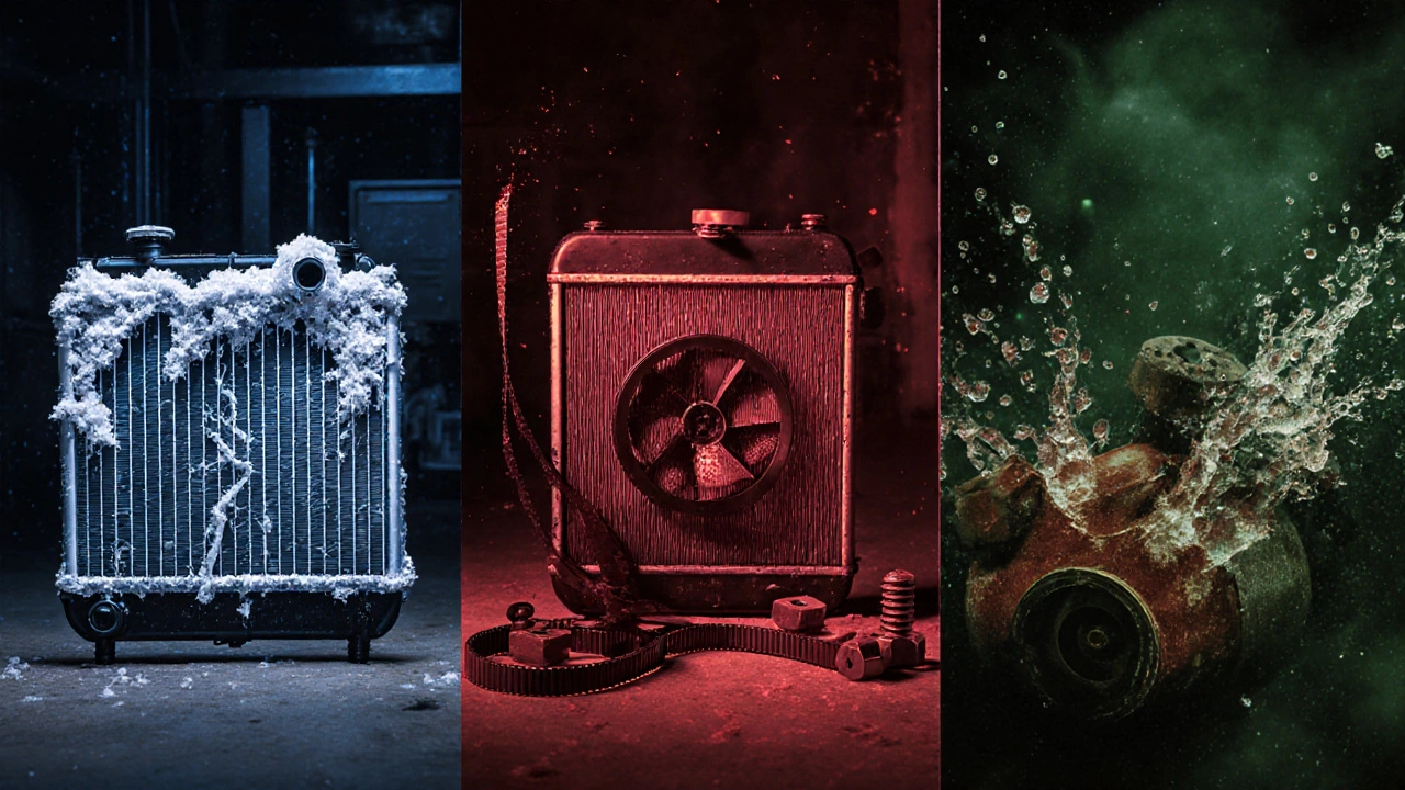 Three pillars illustration: scale‑clogged fins, cracked core, rust from road salt.