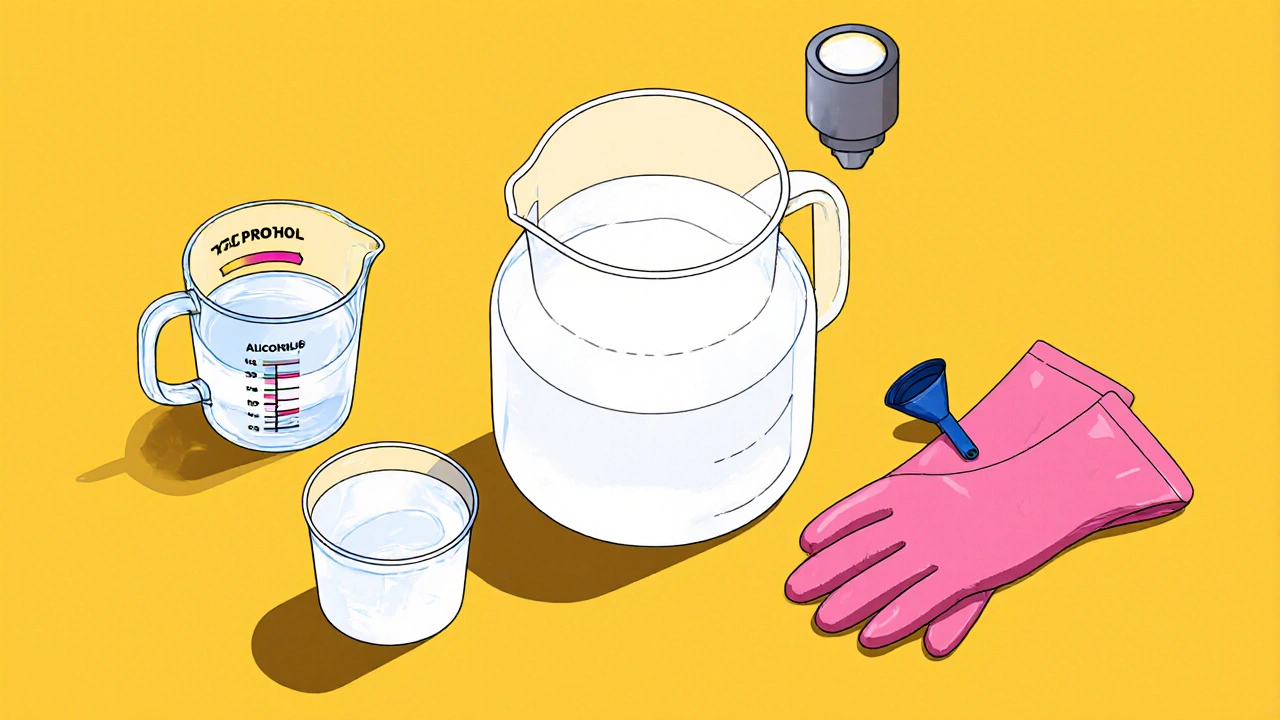 Top-down view of measuring cups and jug mixing isopropyl alcohol with water.