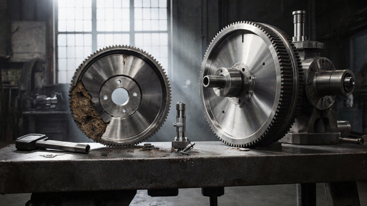 Workshop with cracked flywheel on a bench beside a new and a machined flywheel.