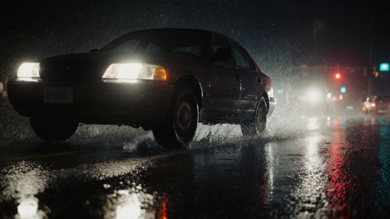 A car skidding sideways on a wet highway at night, one wheel lifted, water spraying behind it.