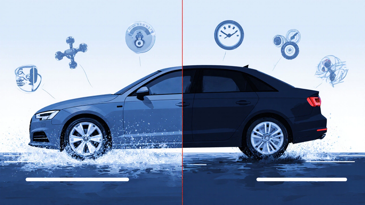 Car skidding on wet road with split view showing dangerous tire mismatch versus safe matched tires.