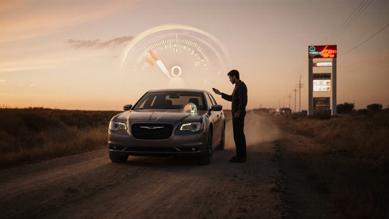 Car stranded on dusty road at sunset, driver checking fuel pressure gauge reading zero.