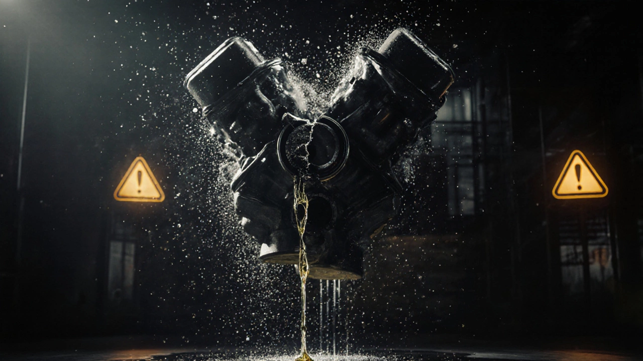 Classic V8 engine with failing camshaft, zinc particles dissolving in synthetic oil.