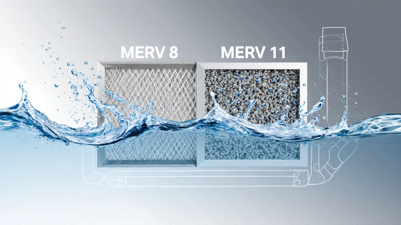 Conceptual comparison of air flow through MERV 8 and MERV 11 filters with particle capture differences.