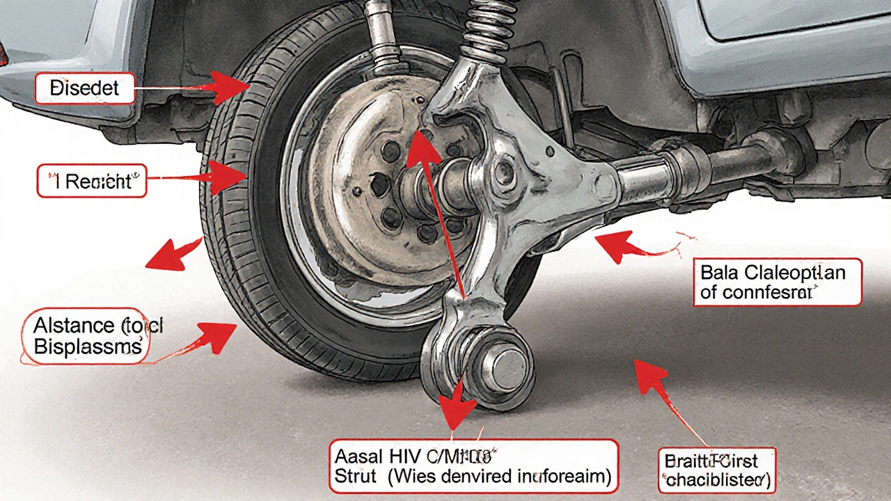 Cross-section diagram of a bent suspension arm causing tire misalignment and stress fractures.