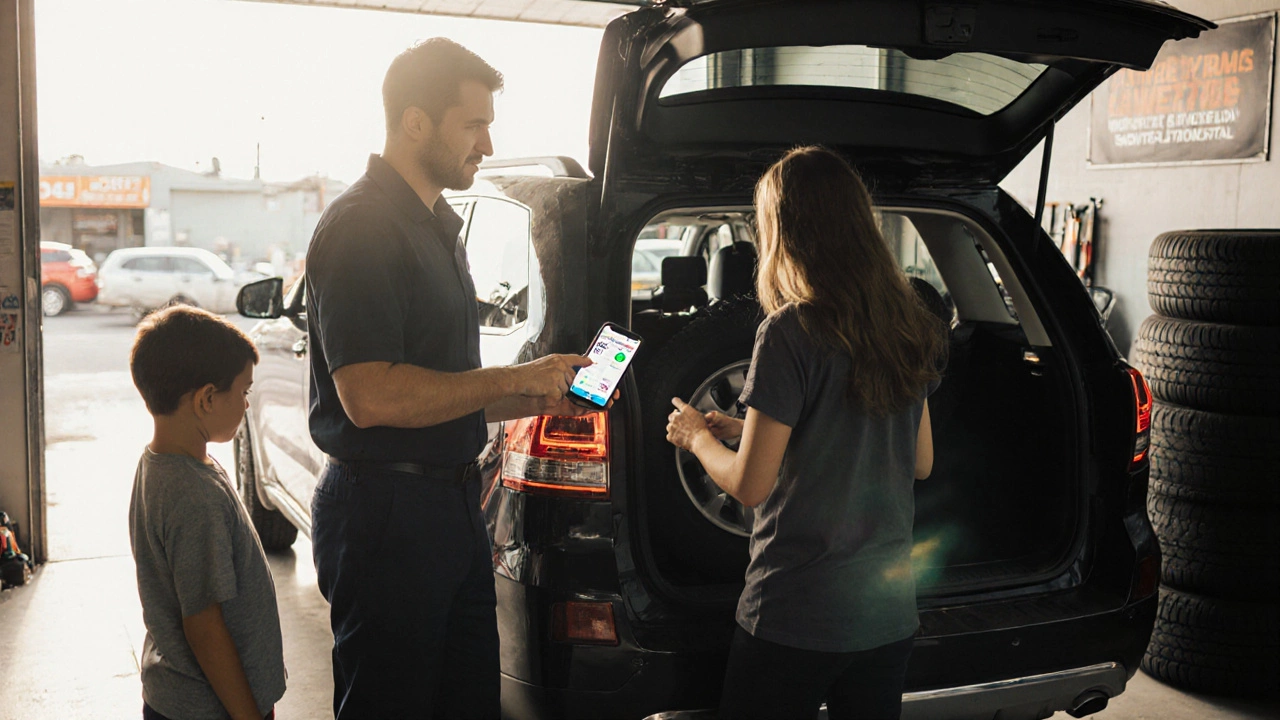Family and mechanic reviewing tire manufacture date at an Adelaide tire shop with new tires in background.