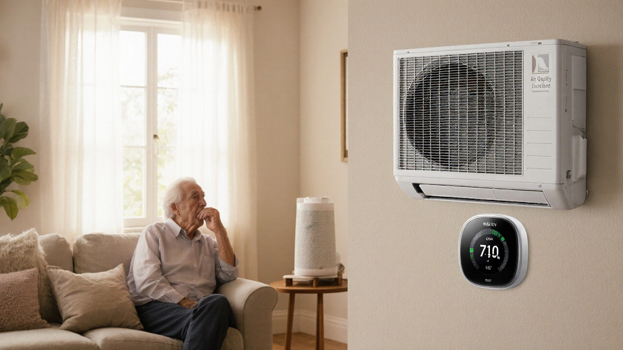 Family in a cozy home with a thick MERV 11 filter and HEPA purifier supporting clean air.