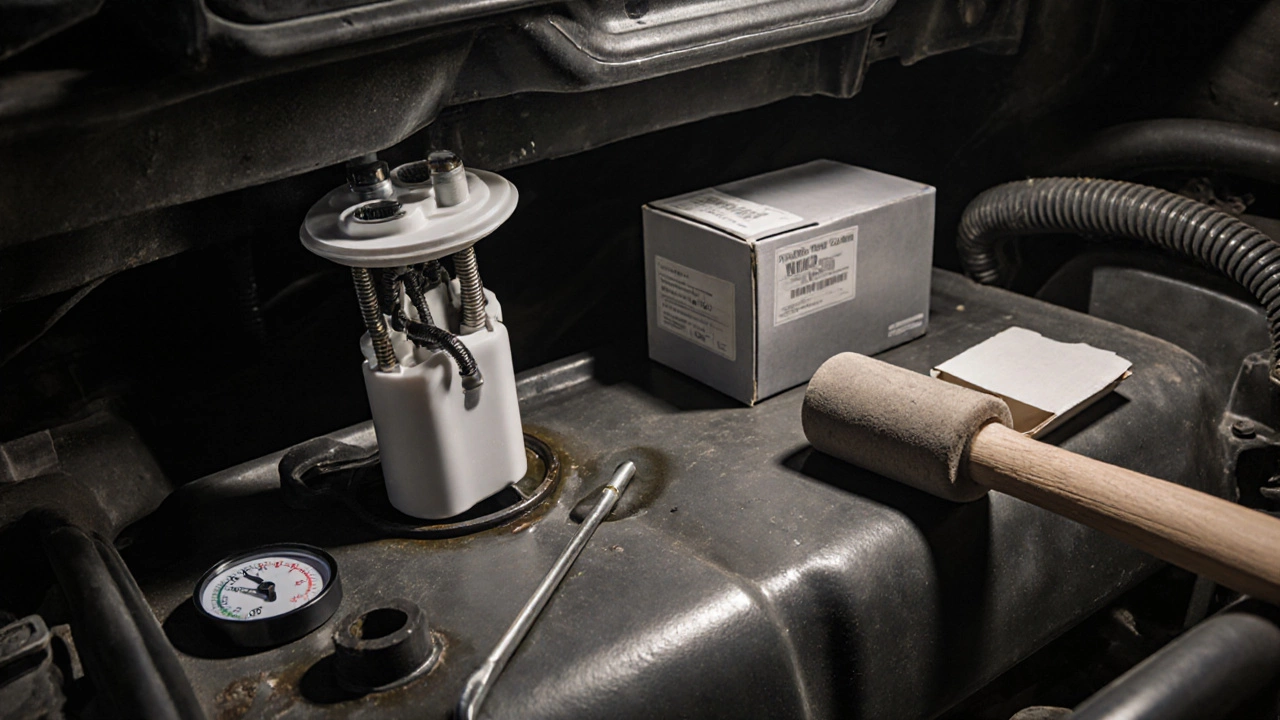 Fuel pump being removed from tank with fuel pressure gauge showing low reading.
