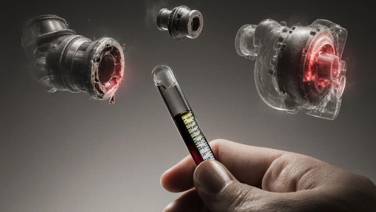 Hand holding dipstick with low oil level, ghost images of damaged engine parts floating above.