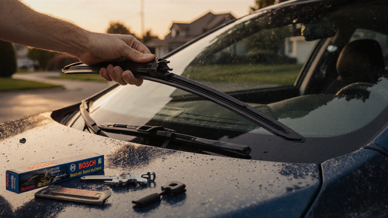 Hand installing a new wiper blade onto a J-hook arm under twilight lighting.