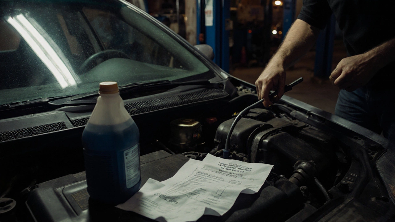 Mechanic checking oil in an older car at night, repair receipt visible on hood.