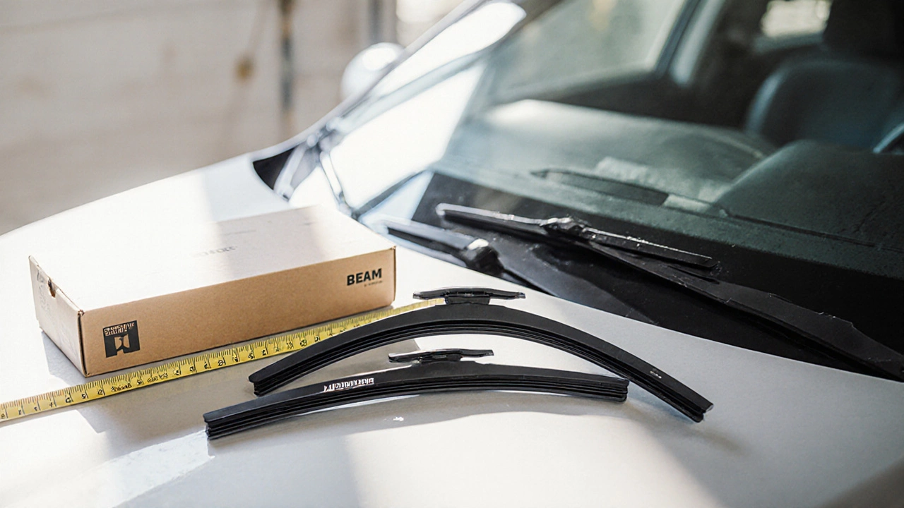 New beam-style wiper blades beside tape measure on garage floor