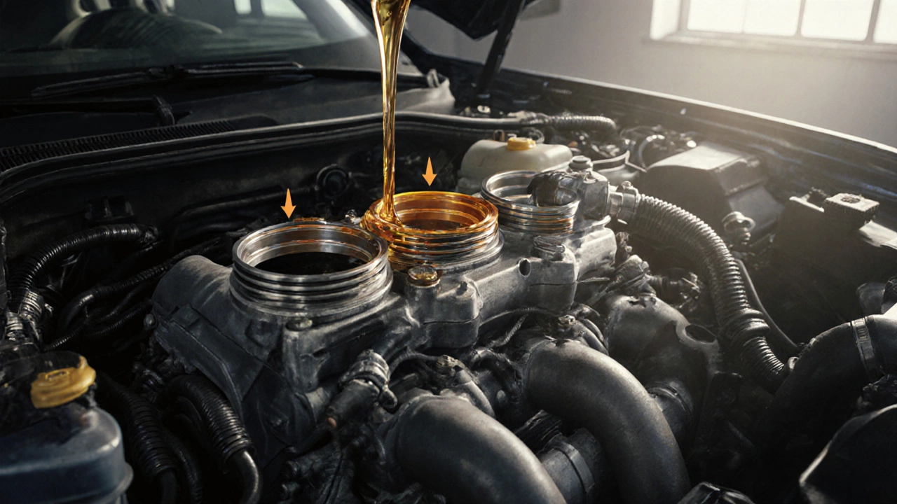 New car engine with piston rings seating, conventional vs synthetic oil flow contrast.